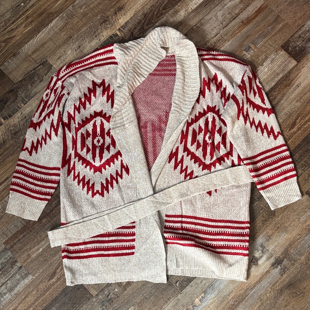Women’s Shawl Collar Belted Long Cardigan Sweater in Cream and Red